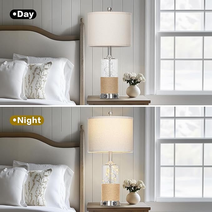 25" Coastal Glass Lamps Set of 2, Touch Control 3-Way Dimmable Night Light Modern Table Lamp with USB A+C Ports & AC Outlets Linen Fabric Shade for Living Room Bedroom Silver Ocean(LED Bulbs Included) - Bloomnest