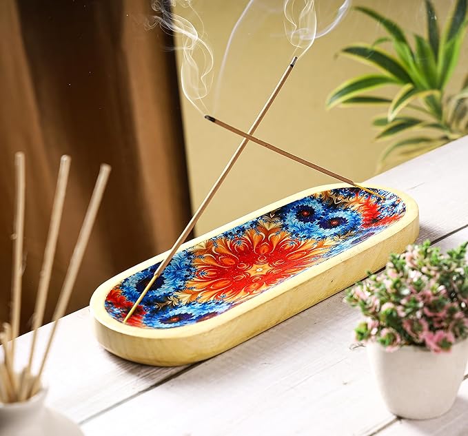 Bless-International Traditional-Handmade-Tray-Burner Wooden-Trat-Incense-Stick-Holder Ash-Catcher-Stand for-Aromatherapy-Meditation-Yoga (Abstract Flowers, 11x4x1.22 Inches) - Bloomnest