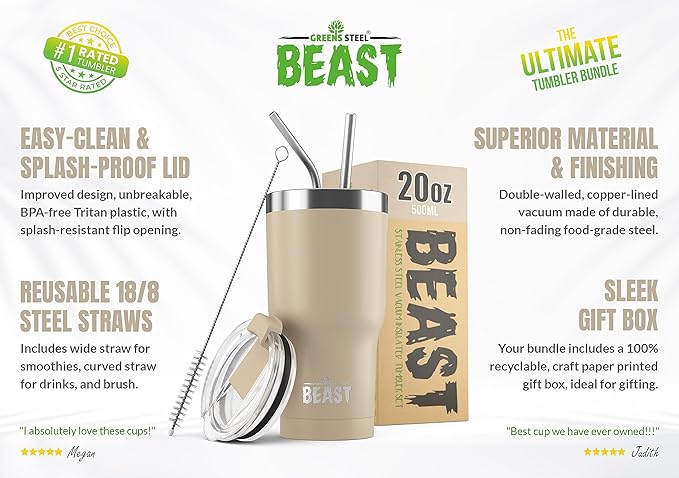 Beast 20 oz Tumbler Stainless Steel Vacuum Insulated Coffee Ice Cup Double Wall Travel Flask (Sand) - Bloomnest