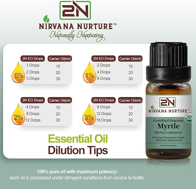 Myrtle Essential Oil, USDA Certified Organic, 100% Pure Undiluted, Aromatherapy Oil for Diffuser, Hair & Skin Care NirvanaNurture