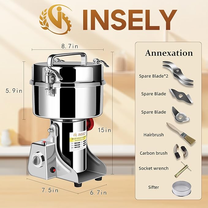 Grain Mill Grinder 2000g High Speed Food Grain Mill Stainless Steel Seeds Flour Nut Pill Wheat Corn Herbs Spices & Seasonings Dry Grinder Electric Machine Grinder for Kitchen - Bloomnest