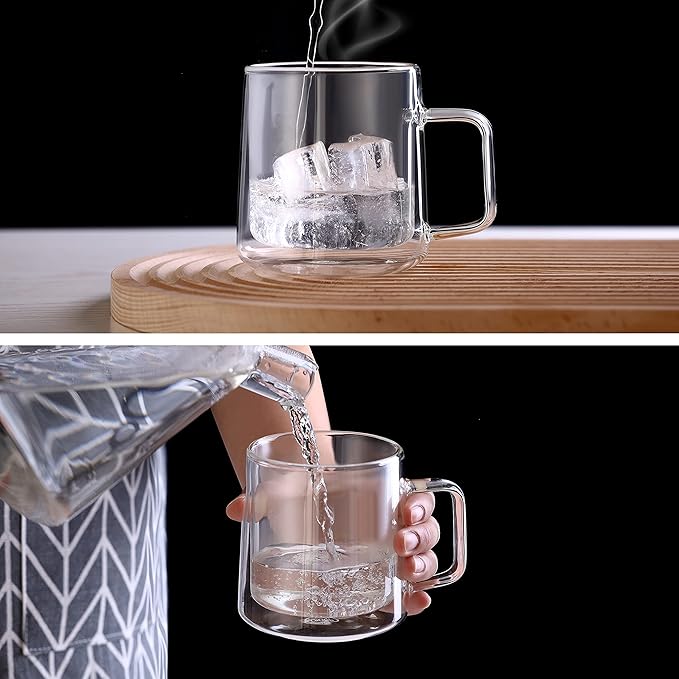 CNGLASS 12oz Glass Coffee Mugs,Double Wall Insulated Glass Cups with Handle,Clear Espresso Mugs for Latte,Cappuccino,Tea Bag,Set of 4 - Bloomnest