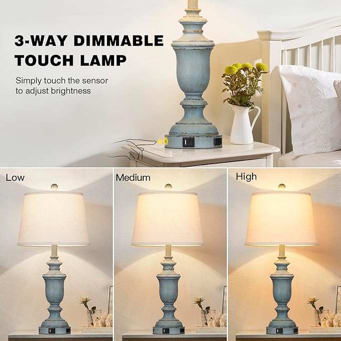 25.6" Coastal Table Lamps Set of 2 with USB C+A Ports & AC Outlet for Rustic Living Room Retro Bedroom,3-Way Dimmable Touch Lamp Bedside Lamps for Nightstand Side End Table,Retro Blue - Bloomnest