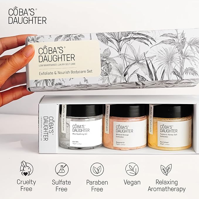 COBA'S DAUGHTER Luxury Spa Gift Set for Women – 3-Piece Mini Body Care Trio with Honey Turmeric, Almond Orange & Aloe Vera – Travel Size Self-Care Gift for Birthday, Valentine & Wedding Favor