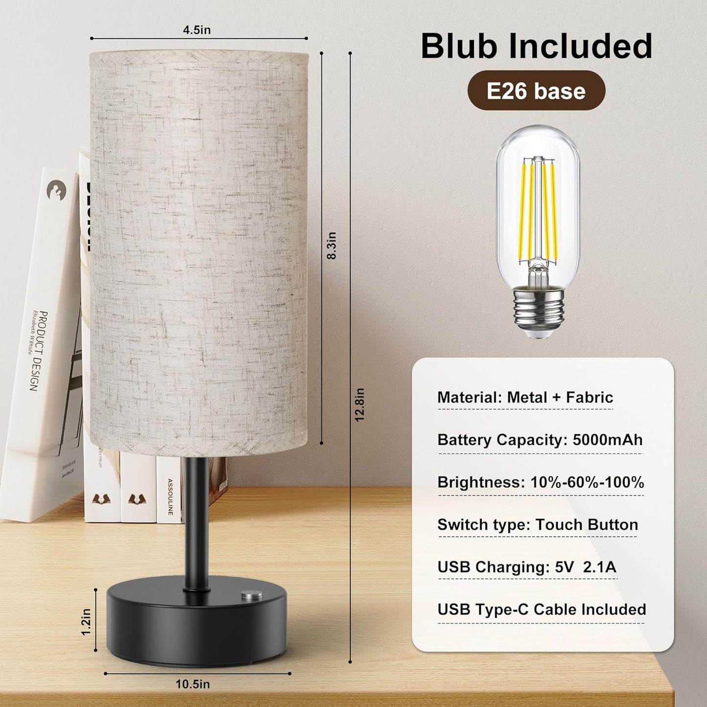 ROTTOGOON Cordless Table Lamp Touch Control Dimmable Small Bedside Table Lamps with Oatmeal Fabric Shade 5000mAh Rechargeable Battery Powered Desk Lamp for Bedroom,Home,Office,Dorm-Black