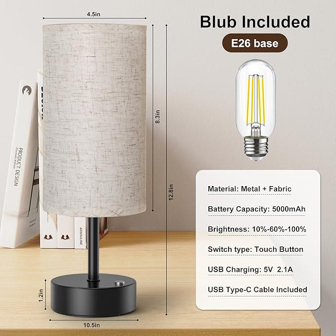 ROTTOGOON Cordless Table Lamp Touch Control Dimmable Small Bedside Table Lamps with Oatmeal Fabric Shade 5000mAh Rechargeable Battery Powered Desk Lamp for Bedroom,Home,Office,Dorm-Black - Bloomnest