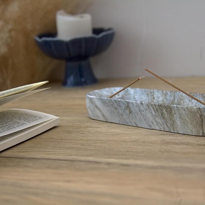 Marble-Patterned Concrete Incense Holder, with A Box of Cedar Incense, 7.1 Inch Good for Incense Tray, A Poetic and Artistic Gift for Yoga＆Meditation(Gray) - Bloomnest