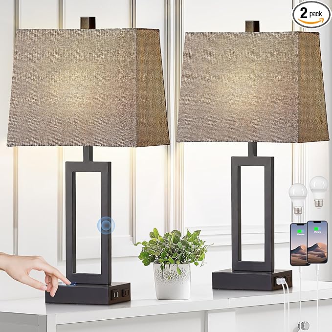 Touch Control Table Lamps Set of 2, Modern Bedside Lamps with USB A+C Ports & AC Outlet, 3 Way Dimmable Contemporary Nightstand Lamps for Bedroom Living Room Gray(LED Bulb Included) - Bloomnest