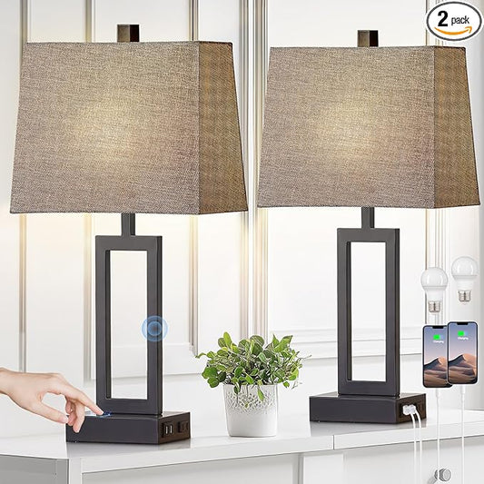 Touch Control Table Lamps Set of 2, Modern Bedside Lamps with USB A+C Ports & AC Outlet, 3 Way Dimmable Contemporary Nightstand Lamps for Bedroom Living Room Gray(LED Bulb Included) - Bloomnest