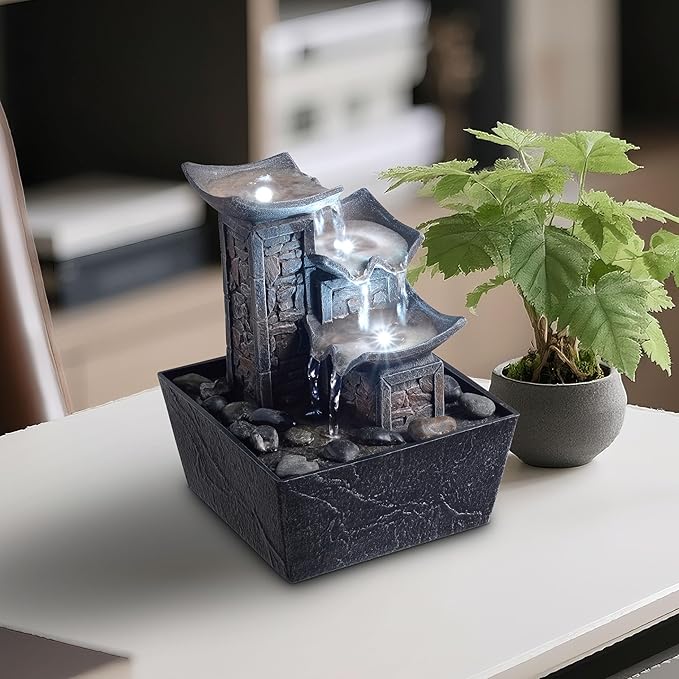 Tabletop Fountain Indoor Waterfall – 3-Tier Black Zen Decor with Pebble Base, White LED Light, Water Pump & On/Off Switch – Desktop Feng Shui Relaxation Gift for Home or Office (21110B) - Bloomnest