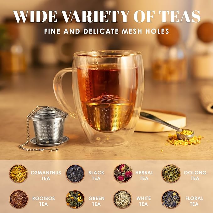 Tea Infuser (Set of 2) with Tea Scoop and Drip Dray - Ultra Fine Tea Strainer for Loose Leaf Tea - Stainless Steel Tea Steeper for a Superior Brewing Experience - Bloomnest