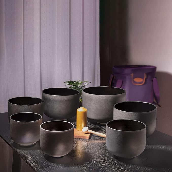 TOPFUND 6-12 inch Chakra Set of 7 Black Crystal Singing Bowls with Heavy Duty Carrying Cases and Mallets - Bloomnest