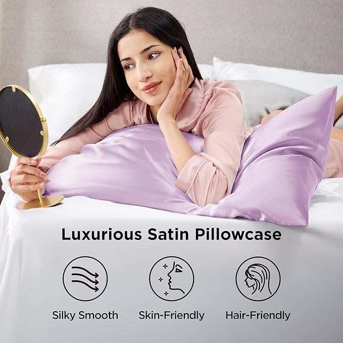 Bedsure Satin Pillowcases, Similar to Silk Pillow Cases Queen Size Set of 2, Pillow Case for Sleeping Women with Envelope Closure, Gifts for Women Men, Lavender, 20x30 Inches, 2pcs - Bloomnest
