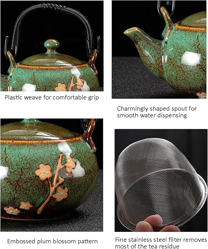 KEYDUACU Japanese Tea Set, Kiln-Formed Ceramic Tea Set, Plum Blossom Embossed, Includes 1 Teapot, 6 Teacups,Tea Tray,Strainer, Used for home, outdoor, gift, Chinese Kung Fu Tea Set(FDMH-GREEN) - Bloomnest