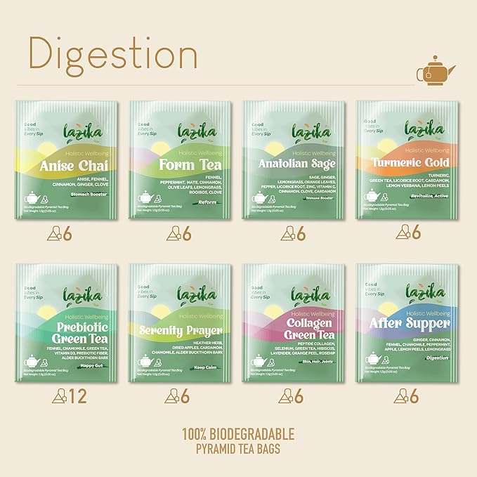 Lazika Herbal Tea Variety Pack with Lovely Presentation Box, 54 Counts Digestion Tea Assortment Gift Set, Premium Collection with Pyramid Infuser Bag, Handcrafted - Bloomnest