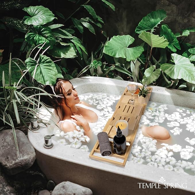 Temple Spring Foldable Bathtub Tray, Unique Design Selfcare Bathroom Caddy, Bamboo Spa Bathroom Tray, Wooden Bathtub Accessories, Wedding Gift/Birthday Gift/New Home Bath Table - Bloomnest