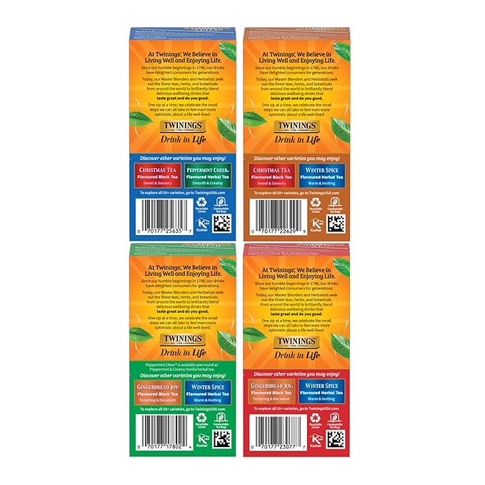 Twinings Holiday Variety Pack Tea Bags, Christmas Tea, Winter Spice, Gingerbread Joy, Peppermint Cheer, 20 Count (Pack of 4), Enjoy Hot or Iced, 80 Teabags - Bloomnest