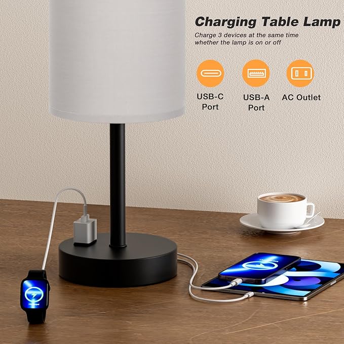 Fenmzee Touch Bedroom Lamp - Grey, 3-Way Dimmable, USB A + C Charging, AC Outlet, 17.4inch Medium - Bloomnest