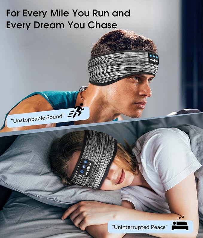 MUSICOZY Sleep Headphones Bluetooth 5.4 Headband, Wireless Earphones Music Sleep Earbuds Sleeping Eye Mask with HD Stereo Speakers for Workout Running Travel Yoga, Ideal Gifts (Stripped Gray) - Bloomnest