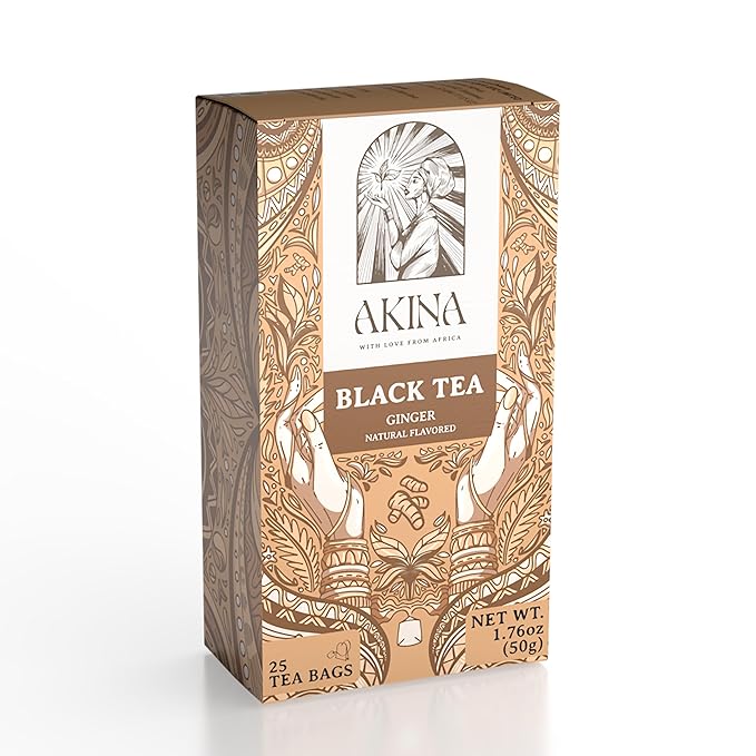 Akina Single-Origin Ginger Tea Bags | 100% Naturally Flavored Black Tea, Kenyan Origin, Gourmet, Hot Beverage (25 String & Tag Tea Bags, 50g) - Bloomnest