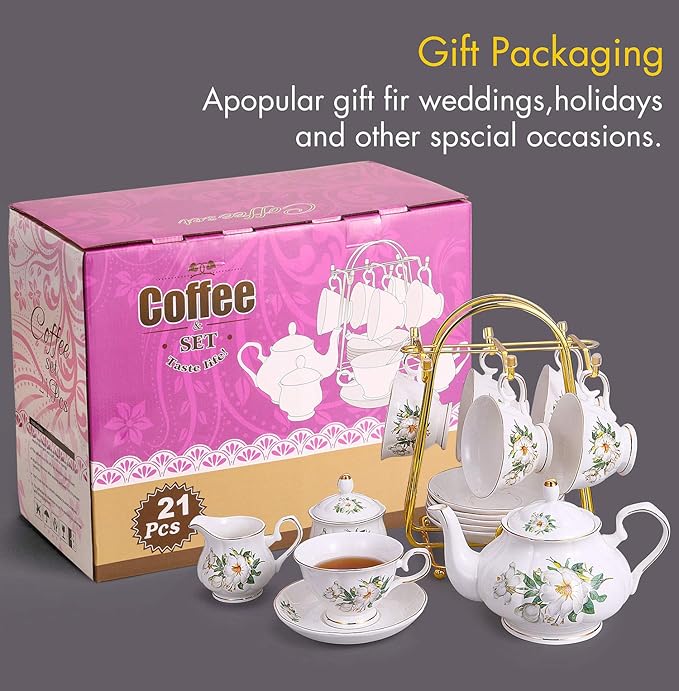 CHENP.HMC Porcelain Tea Set Tea Cup Set 22-Piece Porcelain Ceramic Coffee Tea Gift Sets Cups Saucer Service for 6 Teapot Sugar Bowl Creamer Pitcher and Teaspoons tea pot sets(Camellia) - Bloomnest