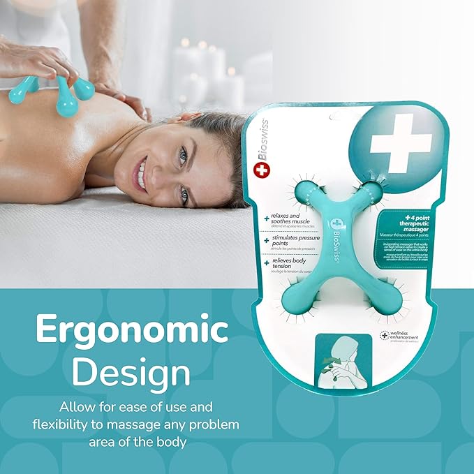 BioSwiss Handheld Full Body Massager, 4-Leg Pressure Point Massage Tool for Back, Neck, and Shoulder, Portable Manual Massager Bioswiss