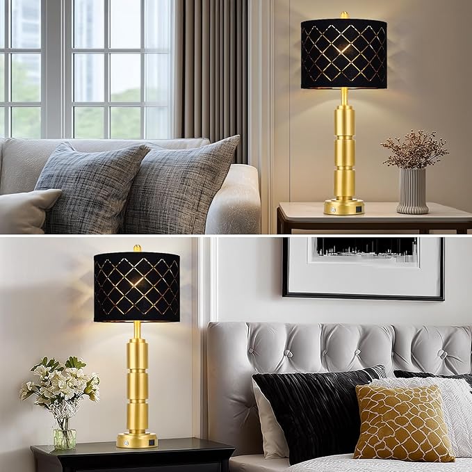 Set of 2 Modern Table Lamps for Living Room Bedroom,29" Tall Bedside Lamp with 2 USB Port,Gold Metal Touch Nightstand Lamp with Black Grid Shade for End Table Entryway,Gold - Bloomnest