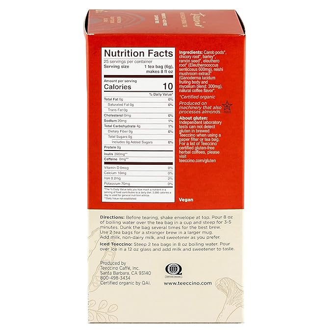 Teeccino Reishi Eleuthero Tea - French Roast - Organic Mushroom Adaptogenic Herbal Tea, 3x More Herbs than Regular Tea Bags, Caffeine Free, Chicory Prebiotic - 25 Tea Bags, Pack of 3 - Bloomnest