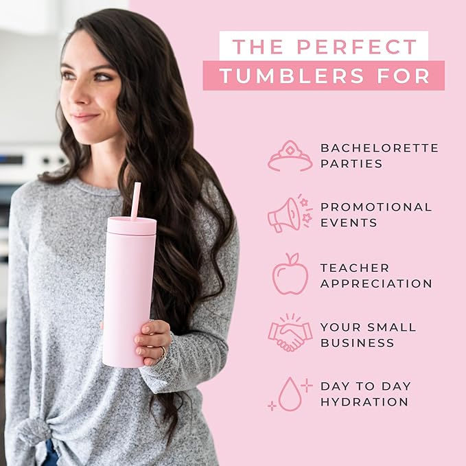 STRATA CUPS Pink Skinny Tumblers with Lids and Straws (12 pack) - 16oz Double Wall Acrylic Tumbler, Tall Matte Skinny Tumblers, Bulk with Free Straw Cleaner, Reusable Cups - Bloomnest