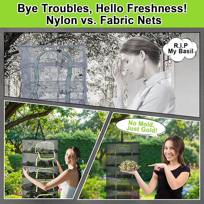 LUKETURE 6-Layer Hanging Herb Dryer Rack - with U-Zipper Mesh Net & Hook, Foldable Collapsible Drying Rack for Plants, Herbs, Flowers, Fish, Jerky, Laundry - Bloomnest