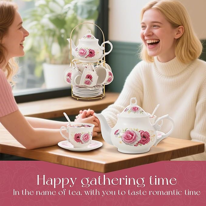 20-Pieces Porcelain Tea Sets For Women, Tea Set For Adult with Golden Metal Rack,Tea Gift Sets for Home&Party(014) - Bloomnest