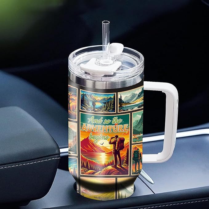 WAZONE Personalized Adventures Tumbler 40oz with Handle and Straw Custom Name And So The Adventure Vacuum Stainless Steel Insulated Coffee Mug Birthday Gifts For Traveling Lover Men Him Dad Papa - Bloomnest