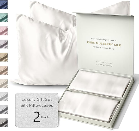 SUNDAYSILKS™ | Silk Pillow Cases 2 PACK | 22 Momme Mulberry Silk Pillowcase Set of 2 | All Sides 100% Pure Silk Slip Pillowcases Bliss for Couples with Zipper, 6A Standard Queen, King Size [Off White] - Bloomnest