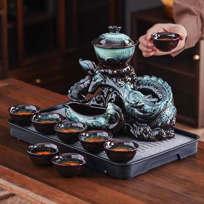Semi Automatic Tea Set Ceramic Teapot with Infuser Magic Teapot with 8 cups Gradient Color (Gradient Dragon- D) - Bloomnest
