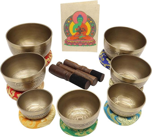 Singing Bowl Set of 7, Thadobati Design Himalayan Sound Bowl, Handcrafted, Hand hammered, Comes w/silk cushions, 3 sticks, Buddhist card, Brocade Box Ideal for Meditation, Yoga, Mindfulness Healing - Bloomnest