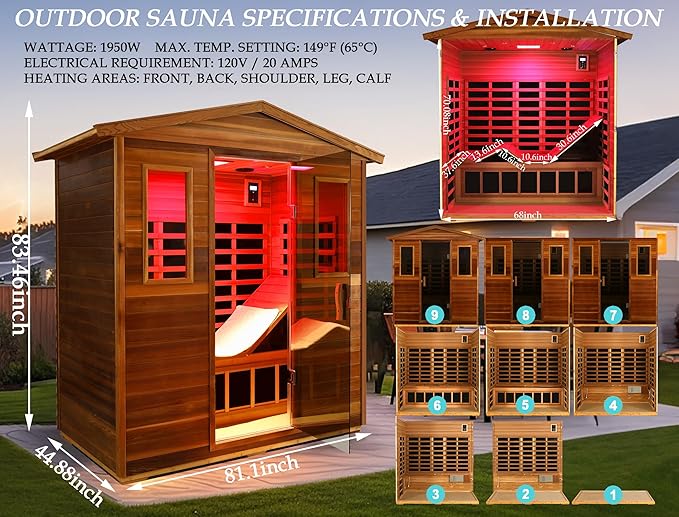 Red Cedar Ultra Low EMF Far Infrared Outdoor Sauna 3 Person with Ergonomic Seat, Mid-IR Beauty Lamp, 1950 W, 7 Infrared Carbon Plate Heaters, Chromotherapy Lamp, Reading Lamp, Bluetooth Speaker KUNSANA