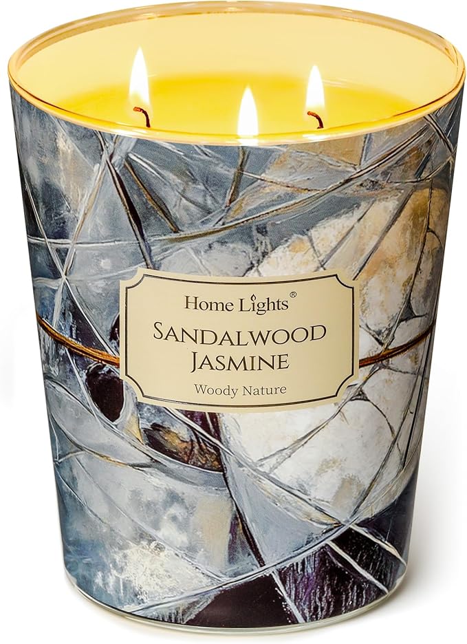 HomeLights Soy Wax Candles for Home Scented, 3-Wick Candles in Sandalwood Jasmine Scented, Industrial Chic Aromatherapy Candles Gift for Parties, Relaxing, 34oz - Bloomnest
