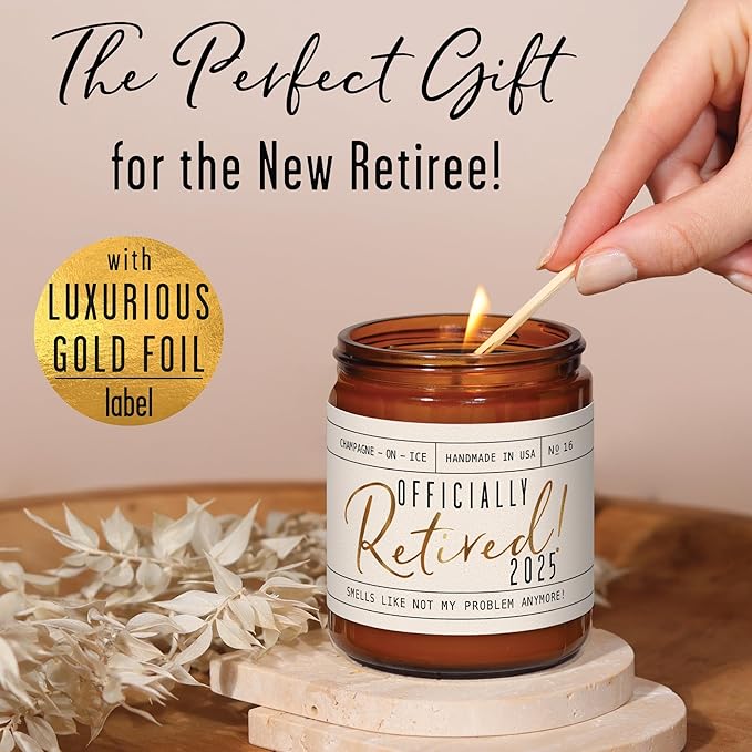 Retirement Gift for Woman - 'Officially Retired 2025' Candle, w/Champagne on Ice I Happy Retirement Gifts for Women 2025 I Retired Gifts for Women I 50Hr Burn, Made in USA - Bloomnest