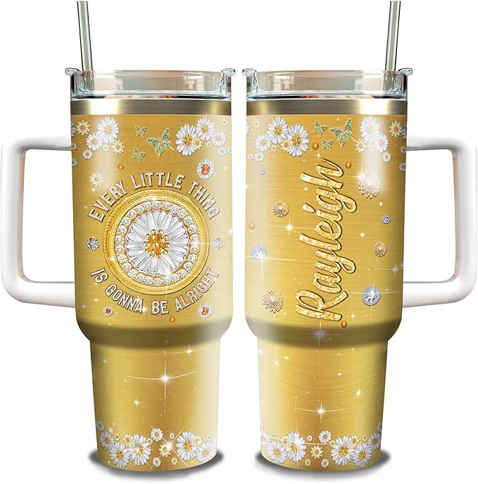 WAZONE Personalized Hippie Coffee Tumbler 40oz with Handle and Straw Custom Name Everything Is Gonna Be Alright Jewelry Style Stainless Steel Travel Mug Christmas Birthday Gift For Girls Women - Bloomnest