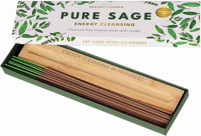 Premium Sage Incense Sticks with Energy Cleansing Engraved Wood Holder - Charcoal Free, Clean, Non Toxic - Negative Energy Protection, Purification - New Home Spiritual Smudging Incenses, 30 Sticks