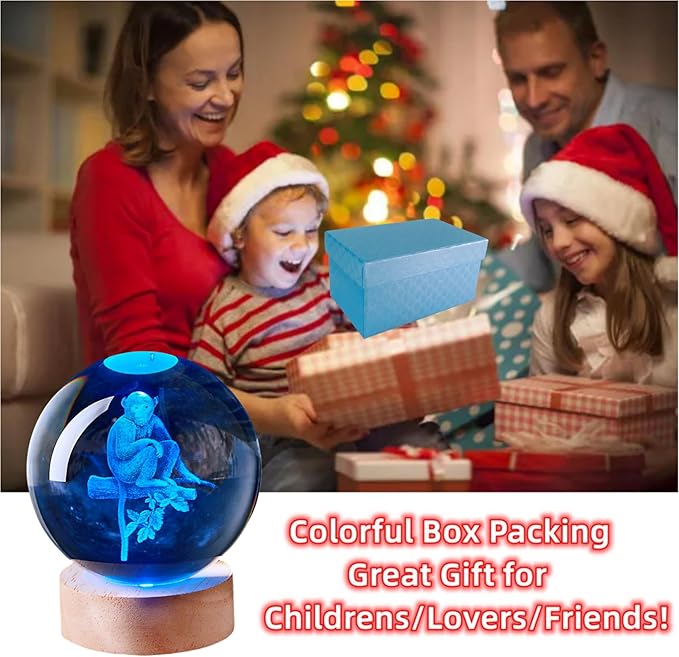 3D Large Monkey Crystal Ball Night Light with Wooden Base, Crystal Lamp Gift for Kids Wife Friends, 16 Color Changing with Remote Control, Laser Engraved 3.15 inch Glass Ball Lamp (Monkey) - Bloomnest