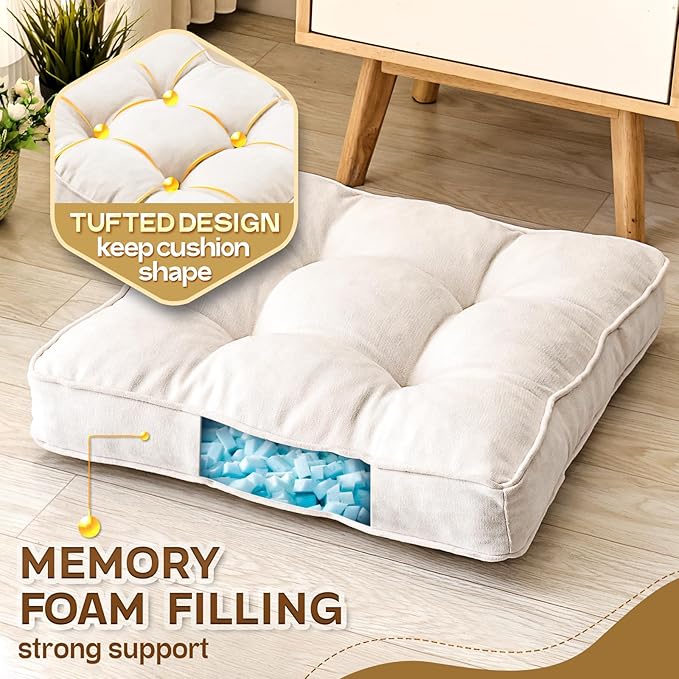 Floor Pillow Set of 2, Memory Foam Floor Cushions for Adults, Large Square Meditation Pillow for Sitting, 22 x 22 Inches (Square | Beige)