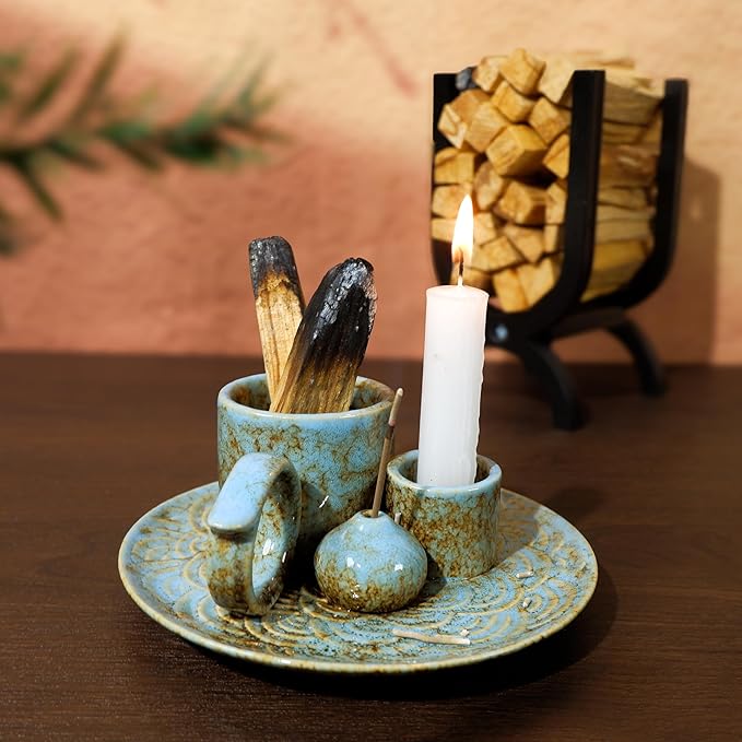 5-in-1 Ceramic Palo Santo Burner Holder Blue -Small Candle Holder & Smudge Burning Tray Bowl,Fits Incense Sticks/Cones, Sage.Zen Altar for Meditation Room, Aromatic Scents, Matches Compatible - Bloomnest