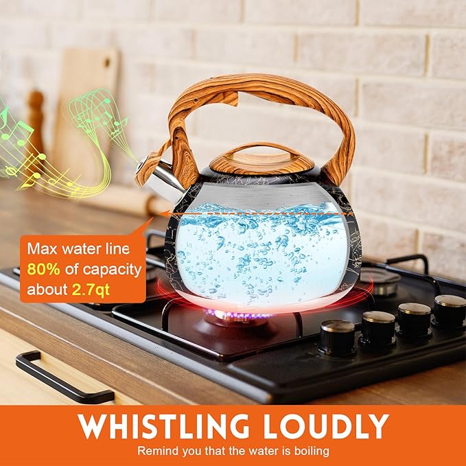 GGC Tea Kettle for Stove Top, Loud Whistling Kettle for Boiling Water Coffee or Milk, 3.1 Quart Stainless Steel Art Line Black Kettle with Wood Pattern Handle, Unique Button Control Kettle Outlet - Bloomnest