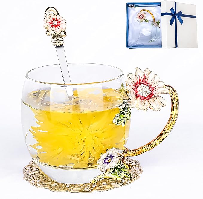 Flower Tea Cup,Butterfly Daisy Glass Fancy Coffee Mug with Spoon,Gift Box for Her Mom Wife Grandma Girls Friends Valentines Christmas Birthday Present Idea for Juice,Hot/Cold Drinks Use (purple-A) - Bloomnest