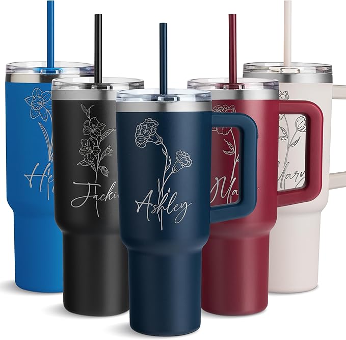 Personalized 40 Oz Birth Flower Tumbler - Engraved Stainless Steel Travel Mug with Handle and Straw - Birthday Gifts for Women, Navy Blue - Bloomnest