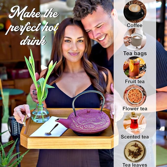 Large Cast Iron Tea Kettle Set - 40oz/1200ml Japanese Teapot with Infuser & Matching Trivet - Tetsubin Iron Tea Pot Japanese Style with Enamel Interior - Handcrafted Dragon Teapot Humidifier - Purple