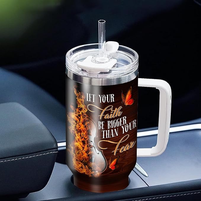 WAZONE Personalized Vintage Violin Tumbler 40oz with Handle and Straw Custom Name Let Your Faith Be Bigger Than Your Fear Stainless Steel Coffee Mug Novelty Gift For Violinist Girl Women Men - Bloomnest