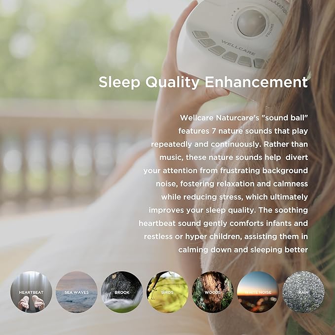 WELLCARE-Naturcare Sound Relaxation, White Noise, 7 Nature Sounds, Sleep Sound Machine, Calm Infants, for Baby, Kids, Adult. Stepless Volume, Timer, Powered by Adapter or Batteries(Both Not Incl.)