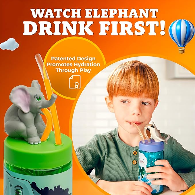 Kids Water Bottle, Toddler Cups, Tumbler with Lid and Straw, Travel Sippy Cup for Water or Milk, Kids Cups with Lids for Toddlers 3 and Up, BPA Free Plastic, 12 oz (Trend Zoo Elephant) - Bloomnest